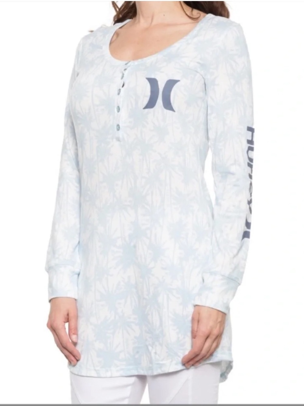 Hurley Pale Blue Palm-Print Henley Long Sleeve Pajama Top Tunic Sleep Shirt cozy
